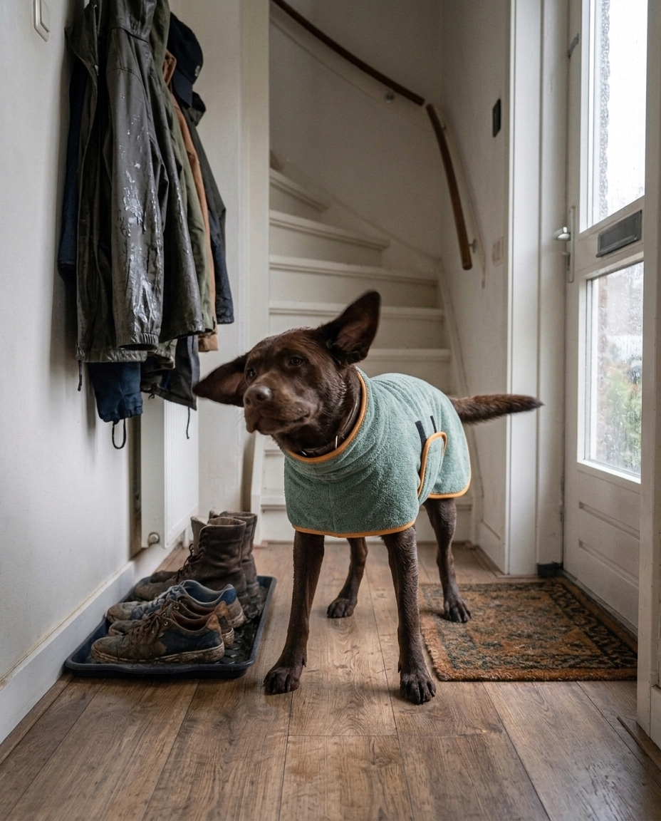 Dezelfde hond met de droogjas om