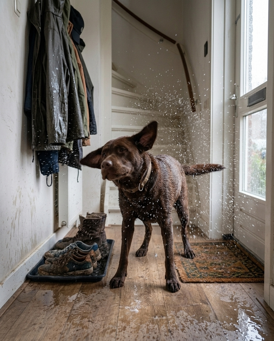 Natte hond schudt zich uit in de gang